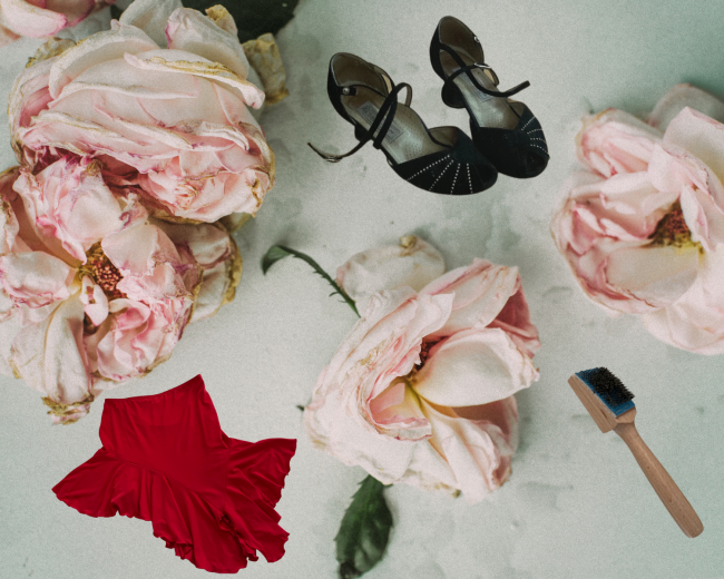 Rosen, roter Tanzrock, schwarze Tanzschuhe mit Strass, Schuhsohlen Bürste